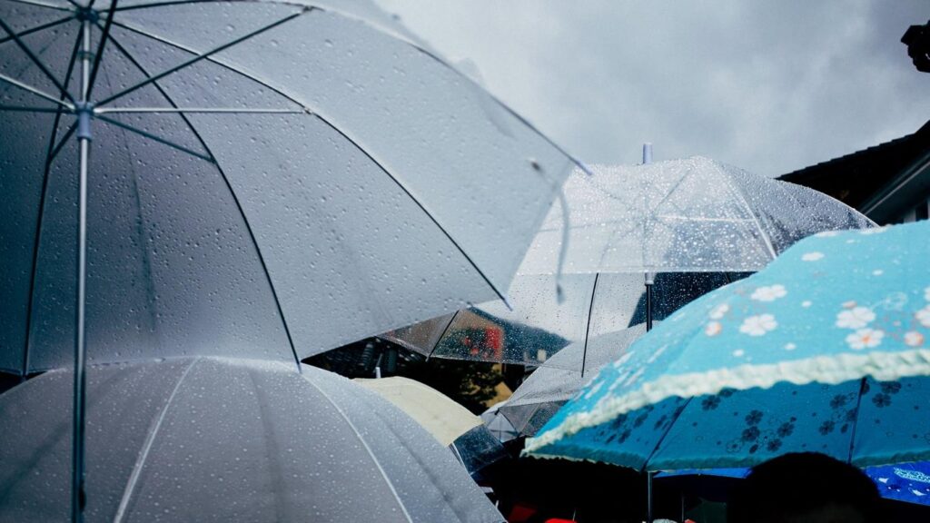 A group of umbrellas in the rainAI-generated content may be incorrect.